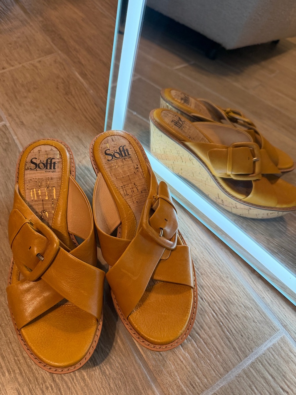 Sofft Mustard Tan Leather Cork Wedge Sandals